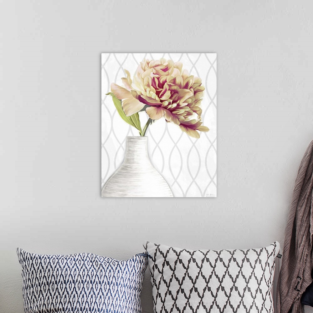 A bohemian room featuring Home decor artwork of yellow and pink peony's in a white vase.