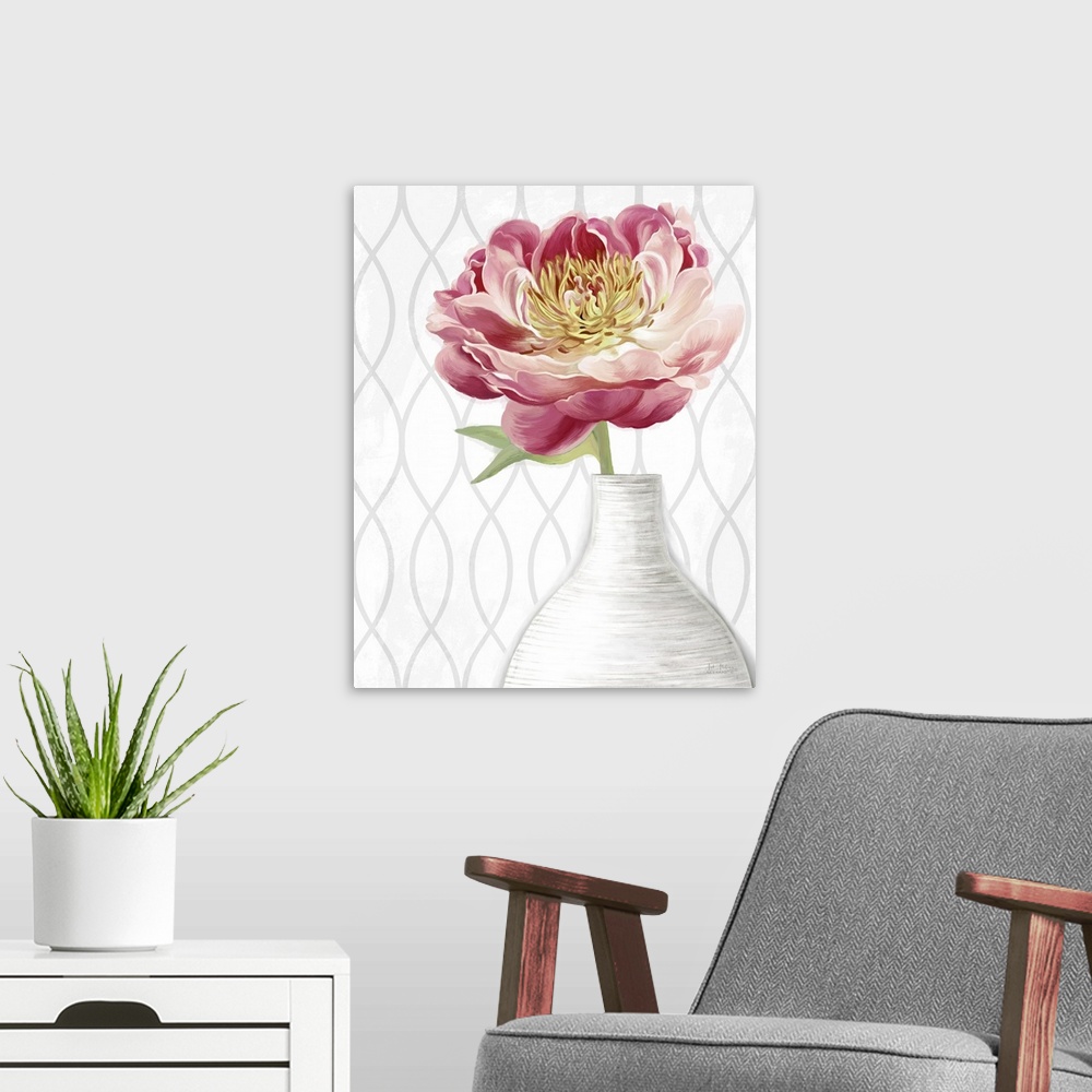 A modern room featuring Home decor artwork of yellow and pink peony's in a white vase.