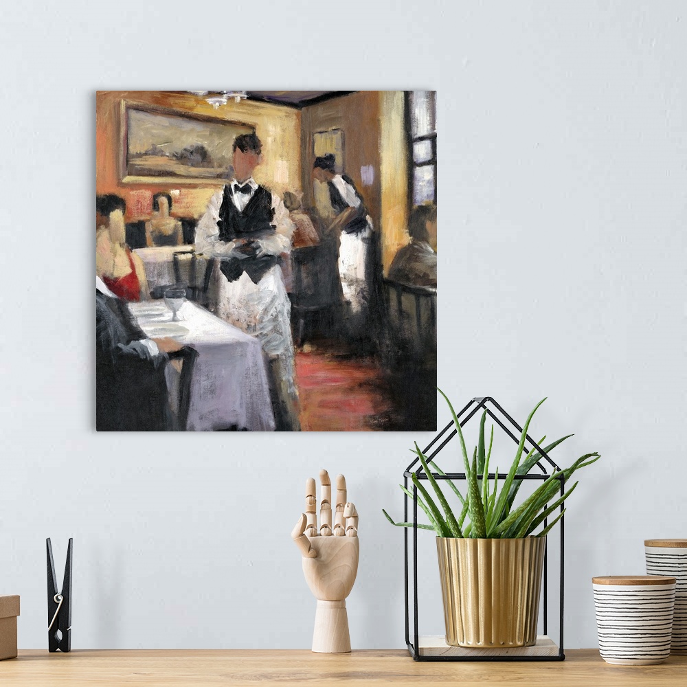 A bohemian room featuring Contemporary painting of couples sitting in an elegant restaurant.