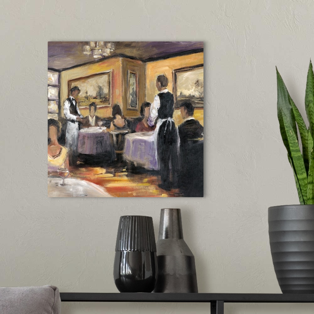 A modern room featuring Contemporary painting of couples sitting in an elegant restaurant.