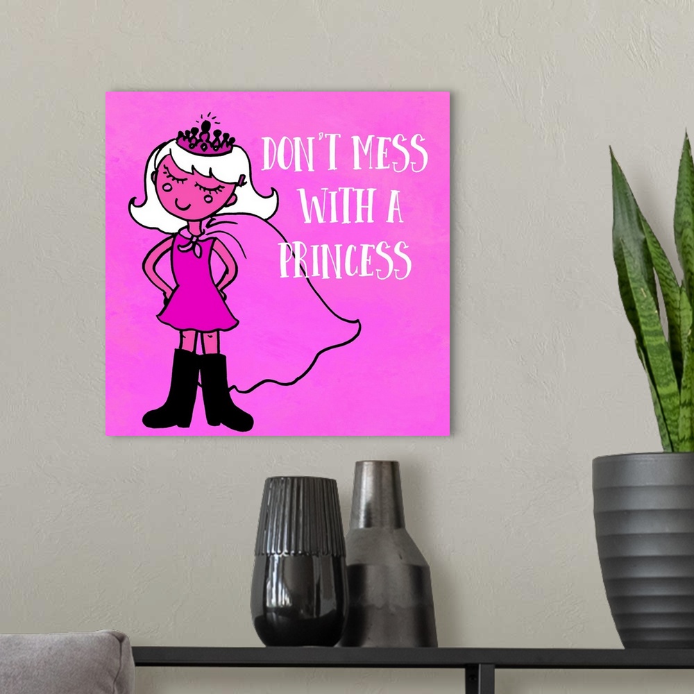 A modern room featuring Children's art of a princess wearing a cape and crown in bright pink.