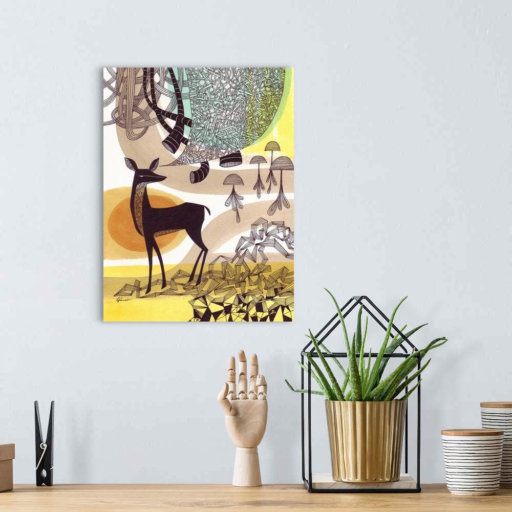A bohemian room featuring Contemporary illustration with a retro feel of a deer surrounded by intricate designs and patterns.