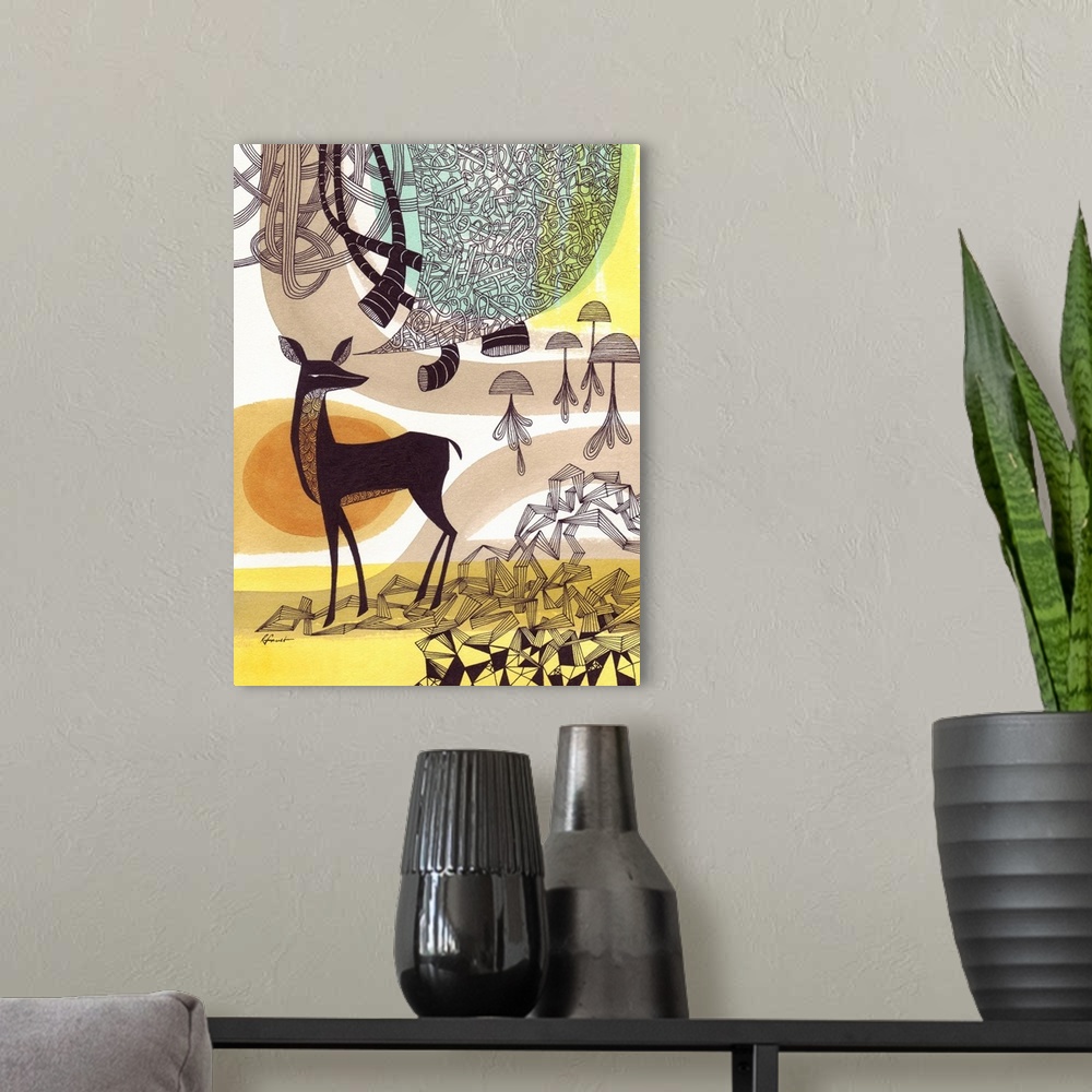 A modern room featuring Contemporary illustration with a retro feel of a deer surrounded by intricate designs and patterns.