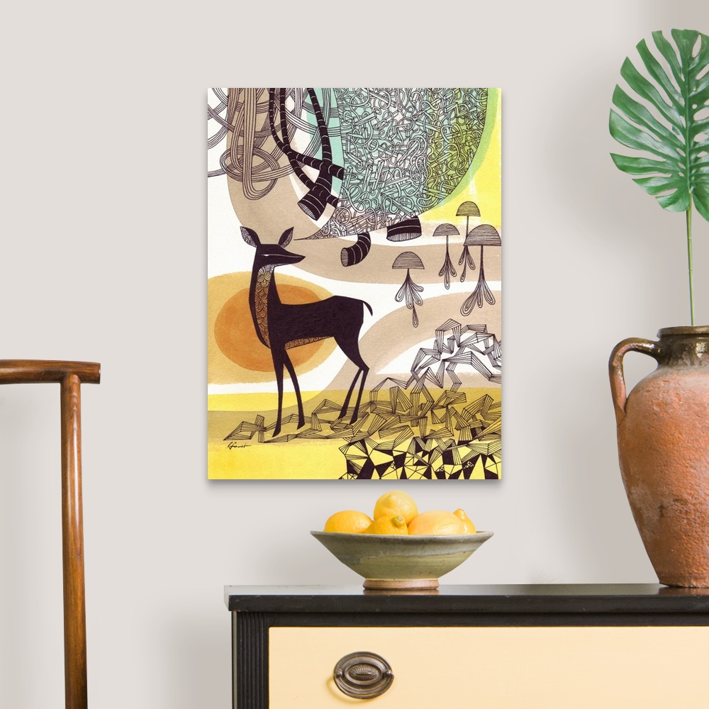 A traditional room featuring Contemporary illustration with a retro feel of a deer surrounded by intricate designs and patterns.