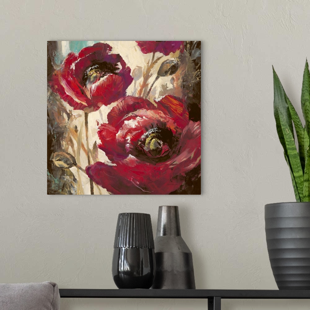 A modern room featuring Contemporary painting of vibrant red poppy flowers.