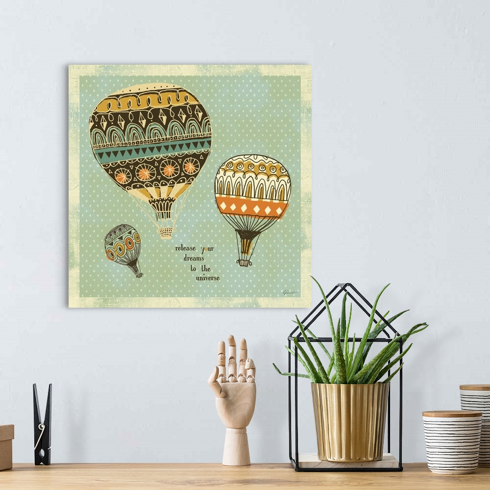 A bohemian room featuring Contemporary illustration with a retro feel of hot air balloons floating against a diamond patter...