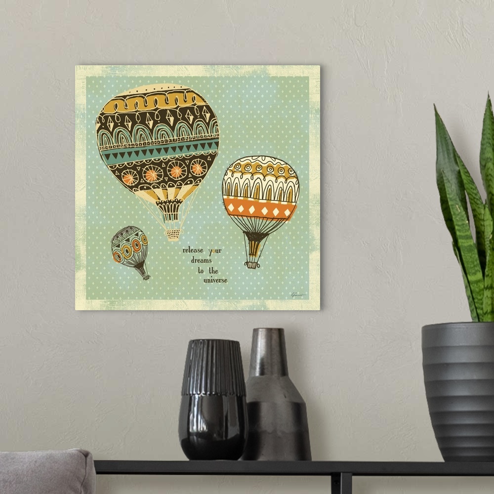 A modern room featuring Contemporary illustration with a retro feel of hot air balloons floating against a diamond patter...