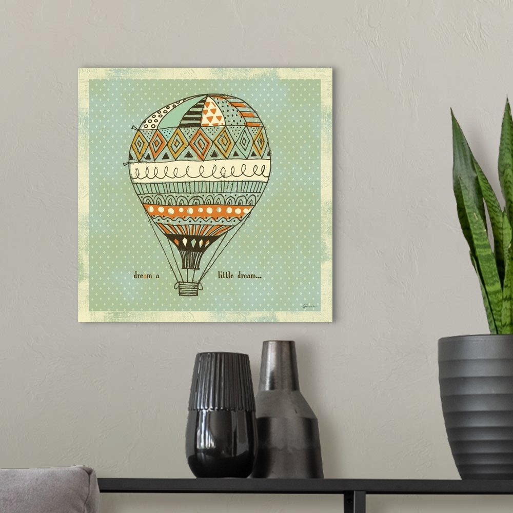 A modern room featuring Contemporary illustration with a retro feel of hot air balloons floating against a diamond patter...