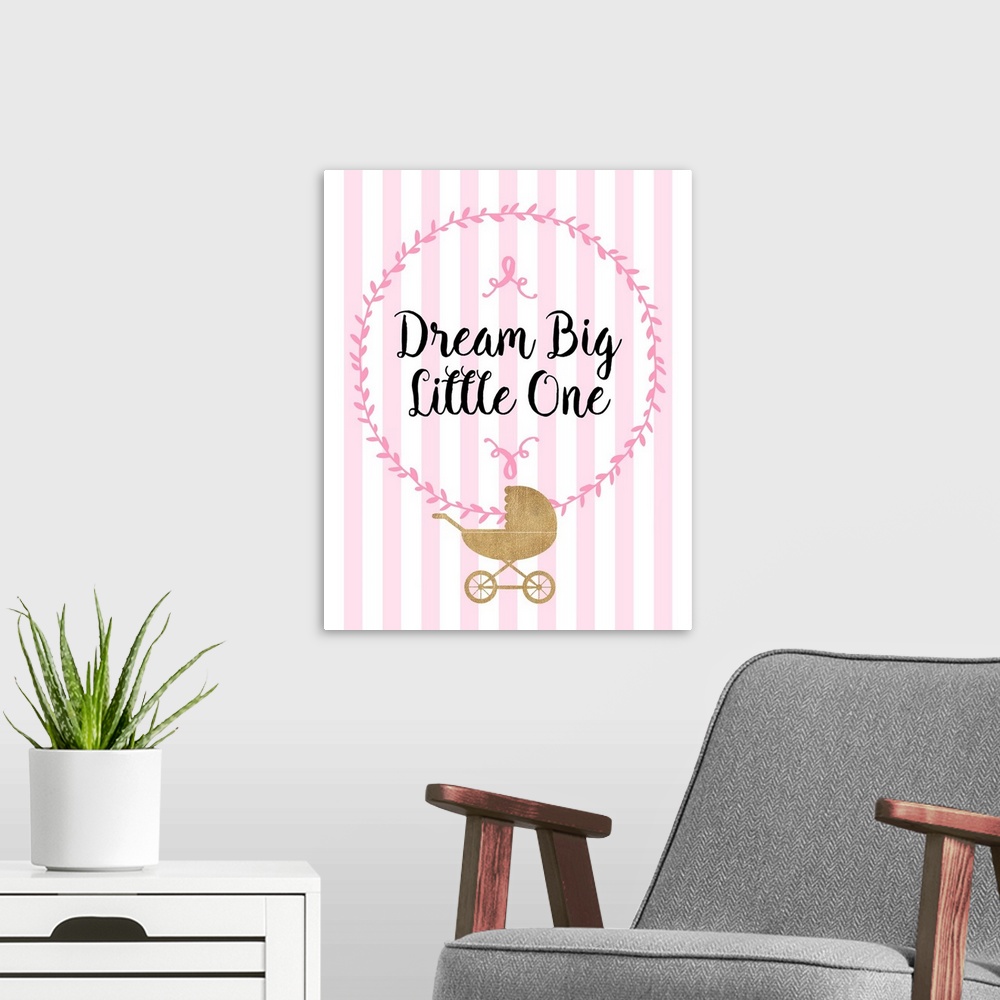 A modern room featuring Pink nursery art with black handlettered text and a gold stroller.