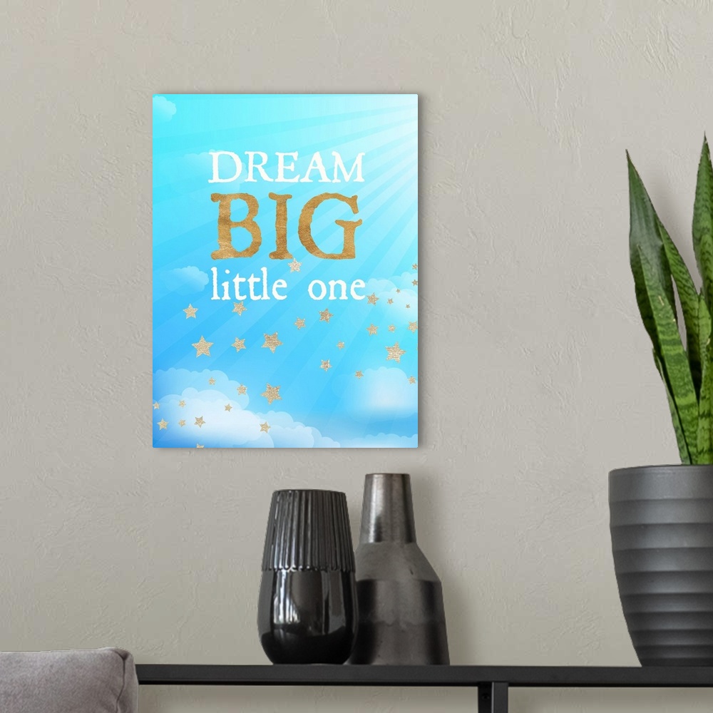A modern room featuring Nursery artwork of golden stars in a cloudy blue sky with text.