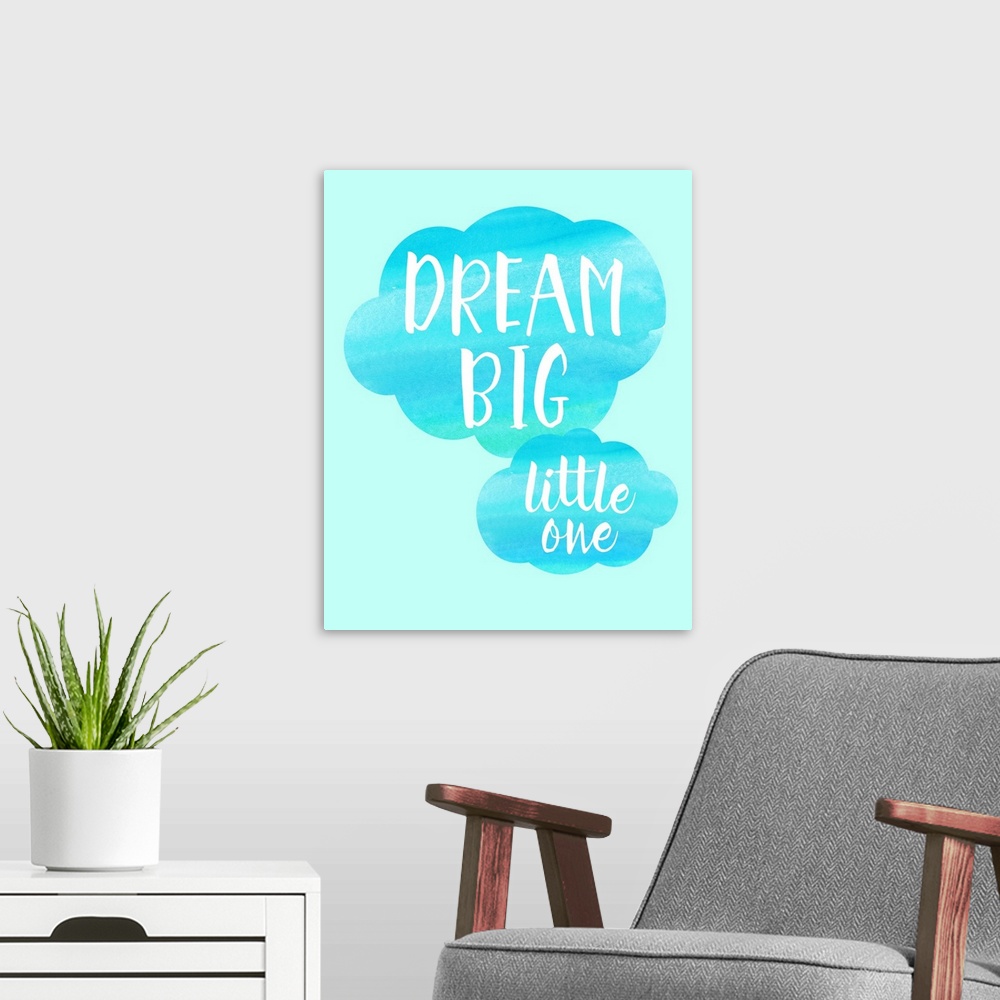 A modern room featuring Blue nursery art with white text on puffy clouds.