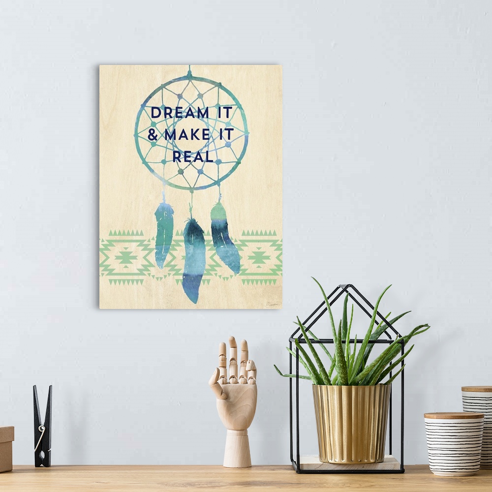 A bohemian room featuring Contemporary watercolor painting of a dream catcher with text in the webbing.