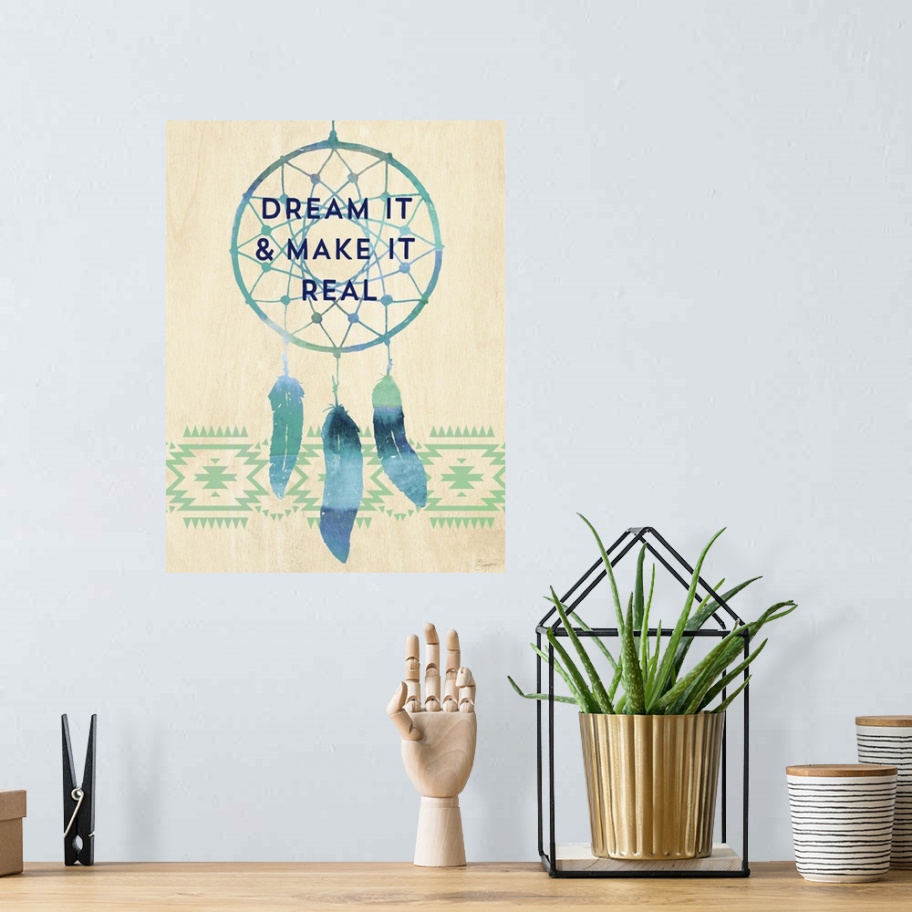 A bohemian room featuring Contemporary watercolor painting of a dream catcher with text in the webbing.
