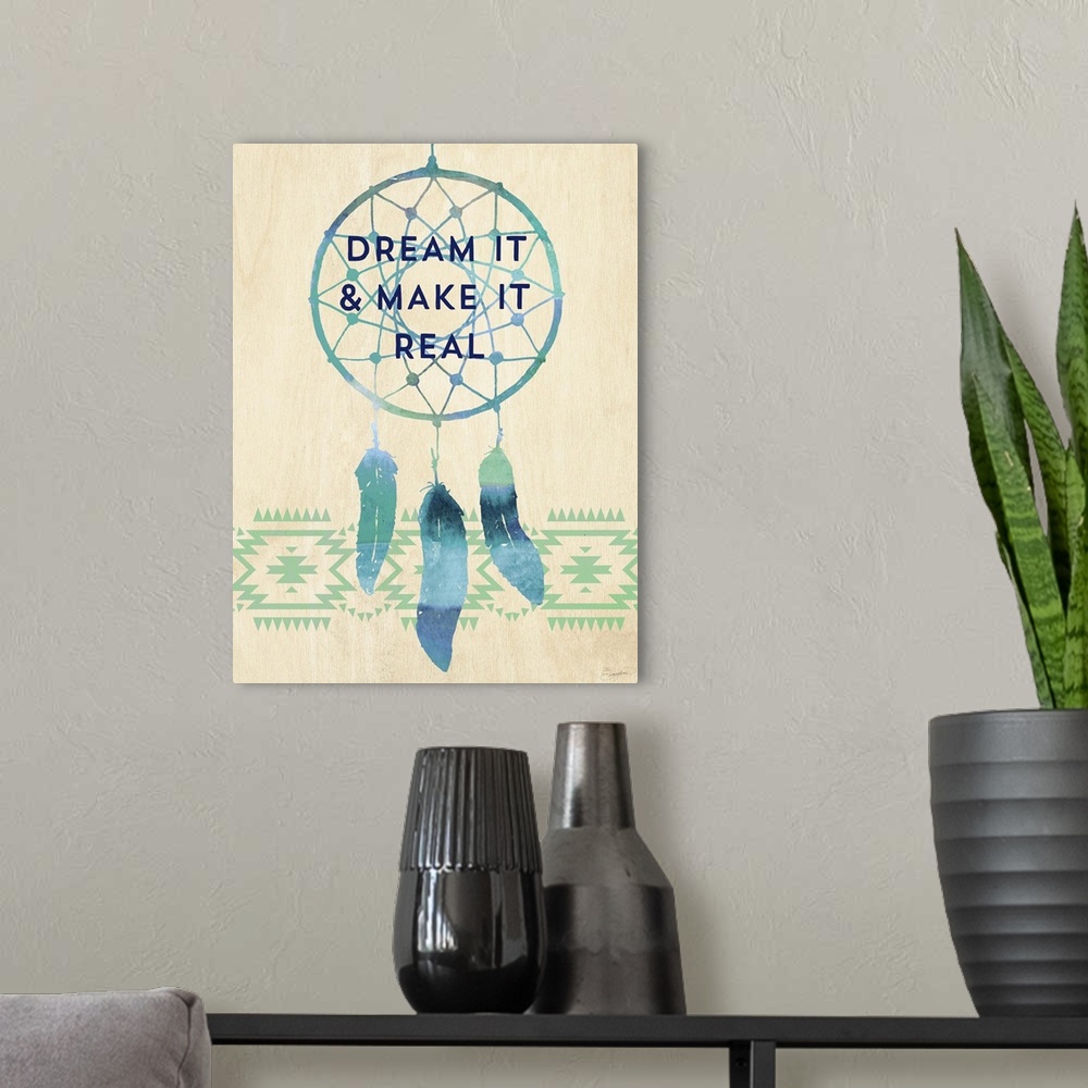 A modern room featuring Contemporary watercolor painting of a dream catcher with text in the webbing.