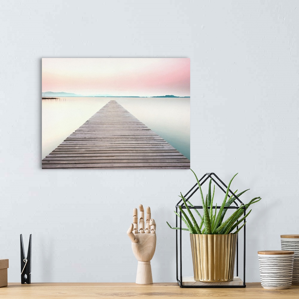 A bohemian room featuring Illustration of a wooden pier leading to the middle of a clam and peaceful lake with a pink sunse...