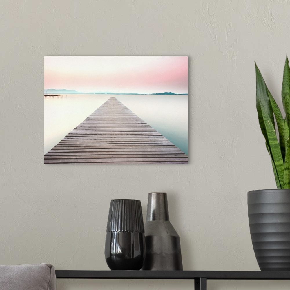 A modern room featuring Illustration of a wooden pier leading to the middle of a clam and peaceful lake with a pink sunse...