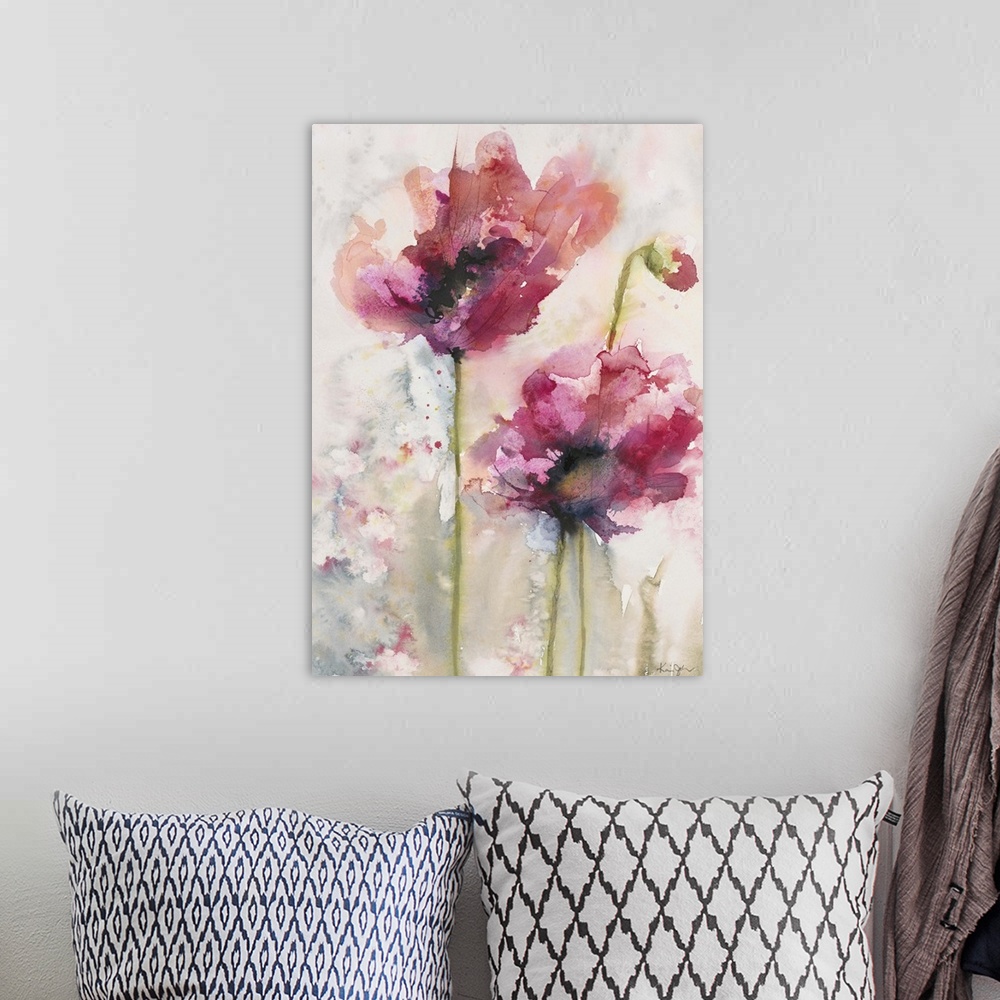 A bohemian room featuring Contemporary artwork of watercolor painted red poppies.