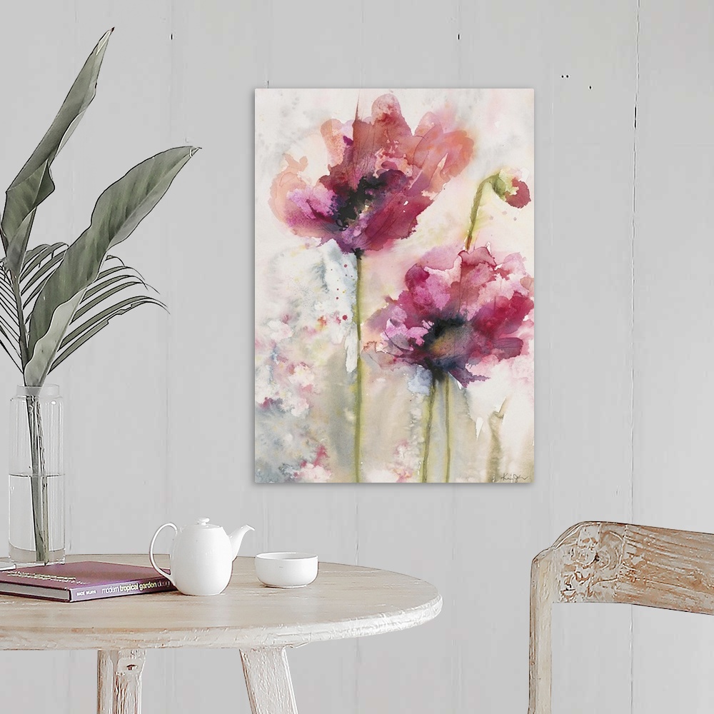 A farmhouse room featuring Contemporary artwork of watercolor painted red poppies.
