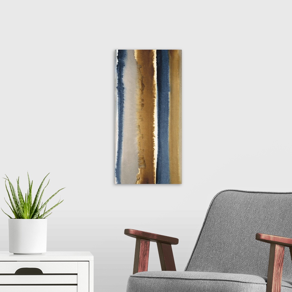 A modern room featuring Abstract watercolor painting with vertical stripes in brown and blue.