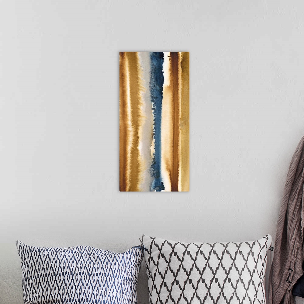 A bohemian room featuring Abstract watercolor painting with vertical stripes in brown and blue.