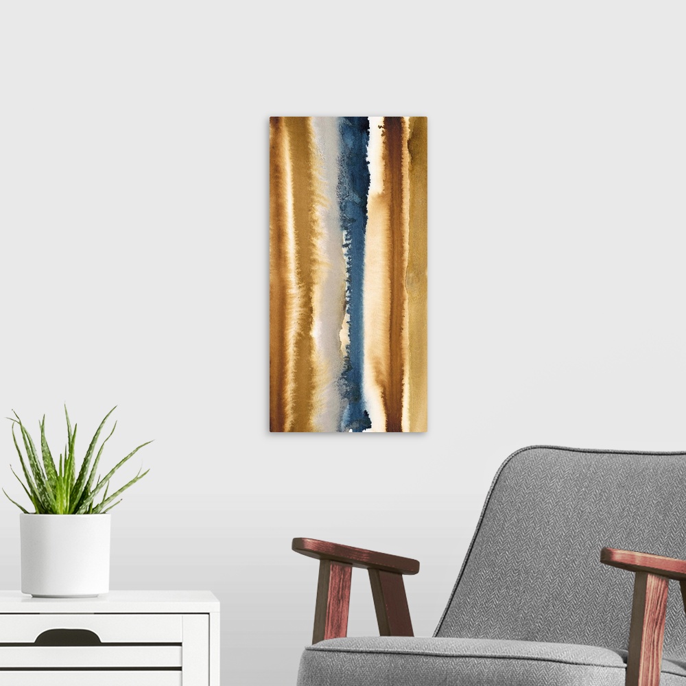 A modern room featuring Abstract watercolor painting with vertical stripes in brown and blue.