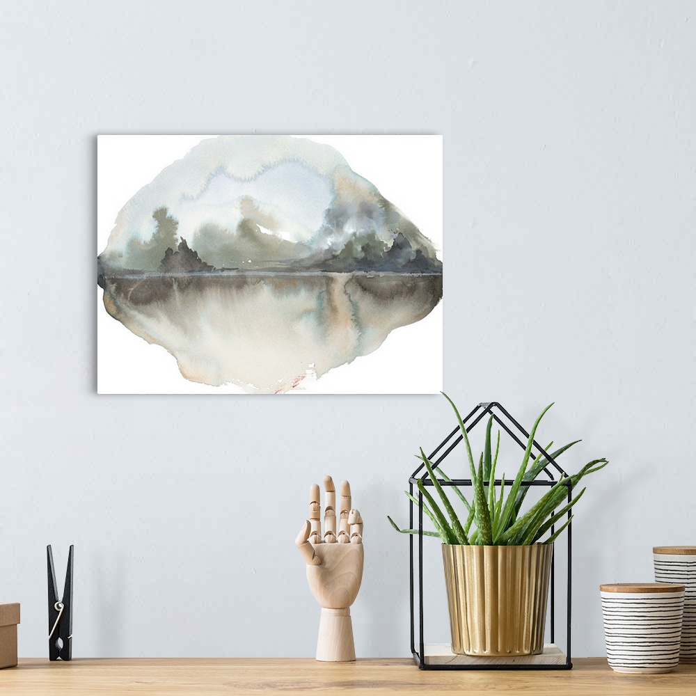 A bohemian room featuring Abstract landscape artwork in a liquid, organic shape, in cool tones.