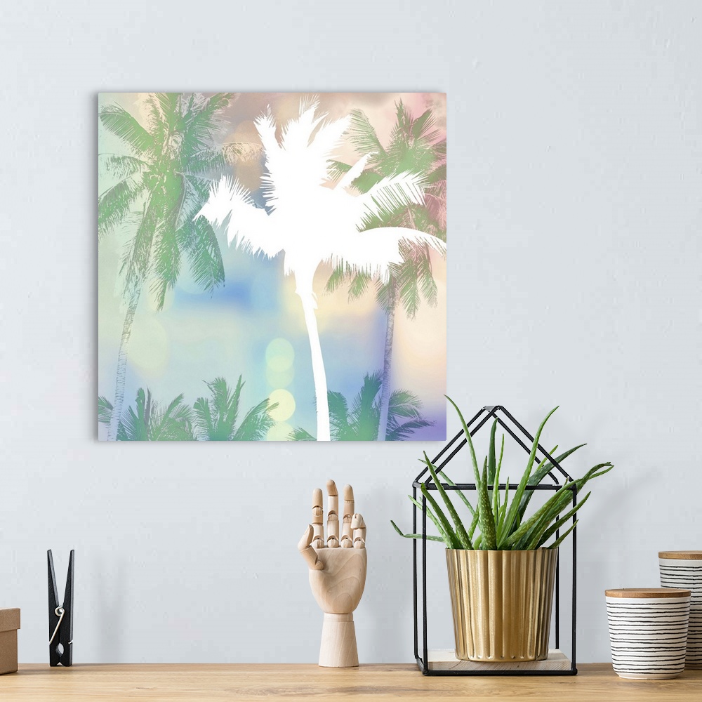 A bohemian room featuring White palm tree silhouette over pastel palms and bokeh lights.