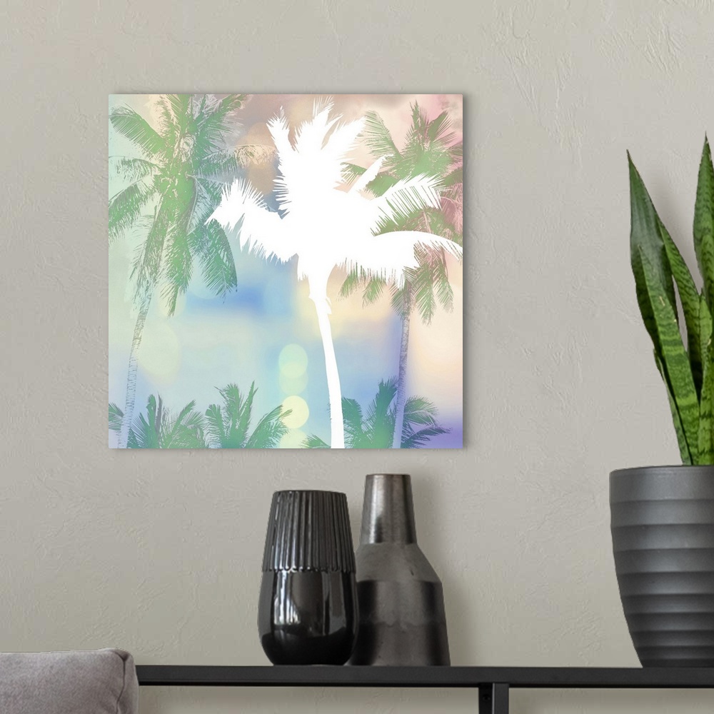A modern room featuring White palm tree silhouette over pastel palms and bokeh lights.