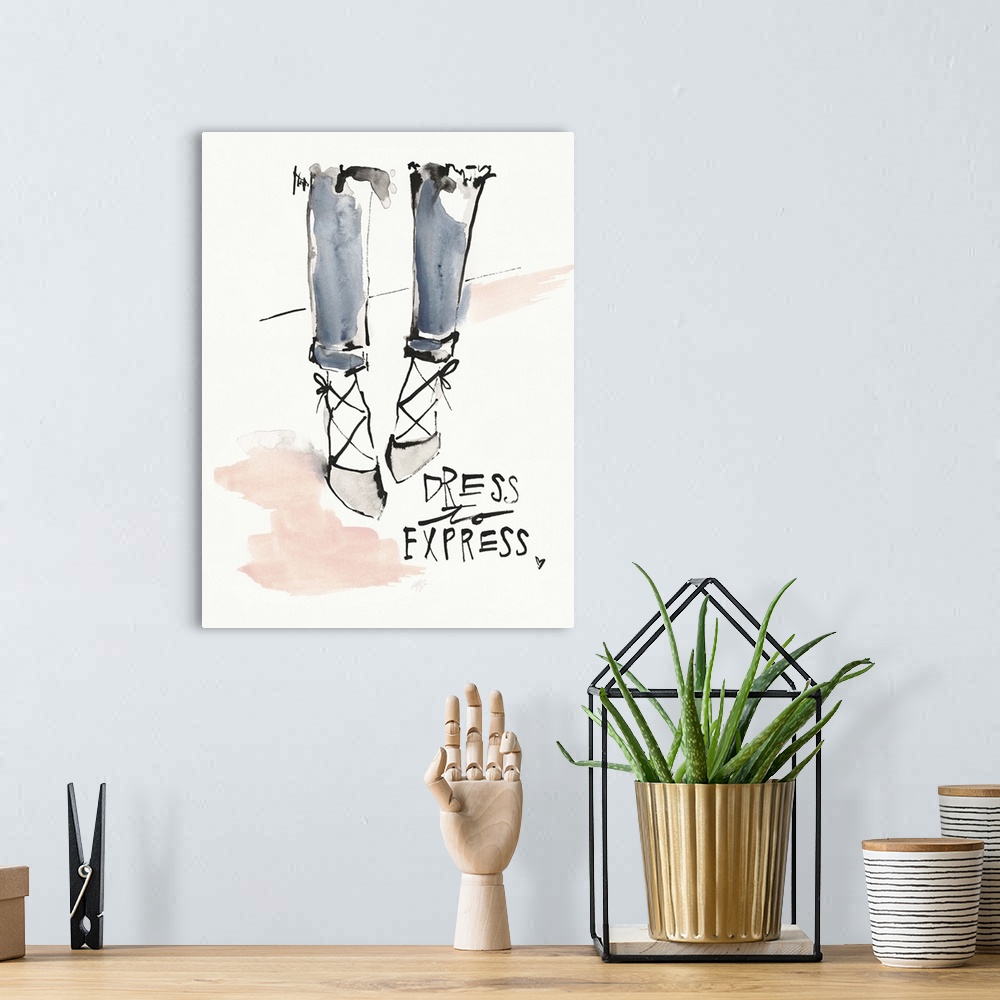 A bohemian room featuring Watercolor fashion artwork of laced up heels and jeans.