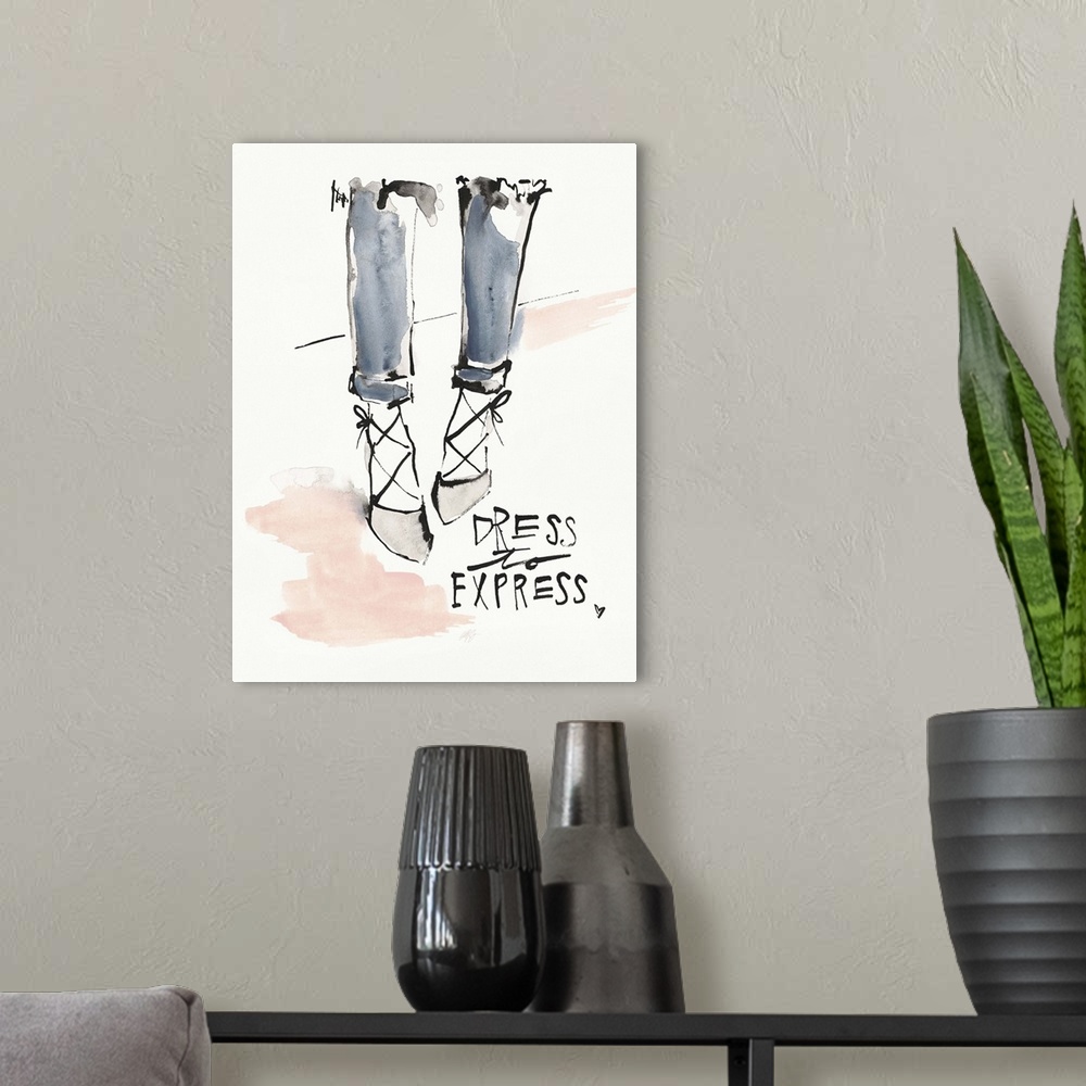 A modern room featuring Watercolor fashion artwork of laced up heels and jeans.