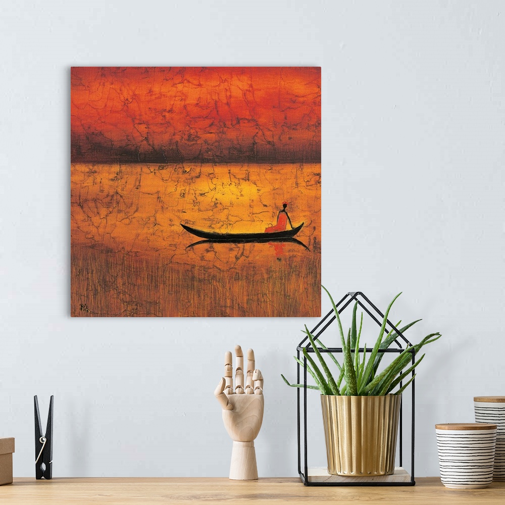 A bohemian room featuring Contemporary painting of a tribal figure on a boat casting a reflection in the water.