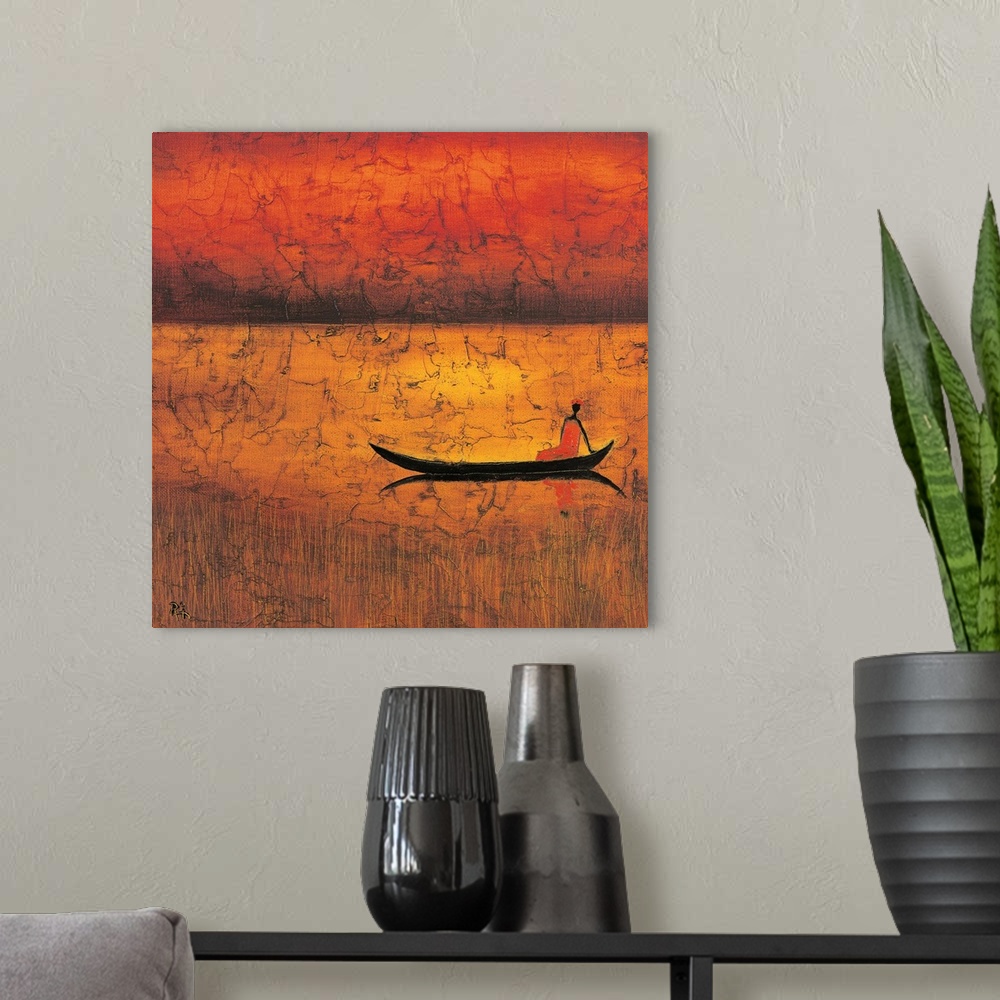 A modern room featuring Contemporary painting of a tribal figure on a boat casting a reflection in the water.