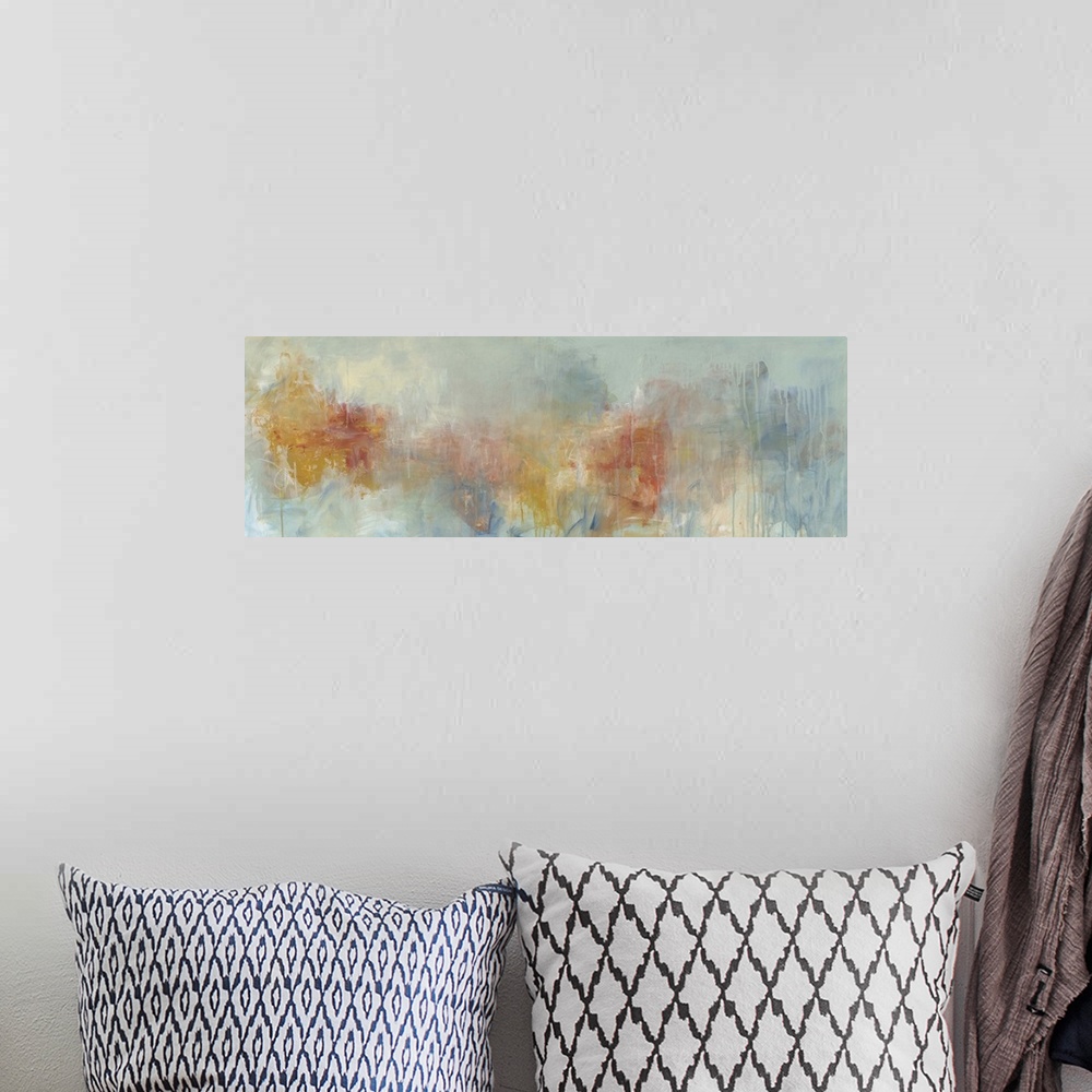 A bohemian room featuring Contemporary abstract painting using colorful muted tones against a pale turquoise background.