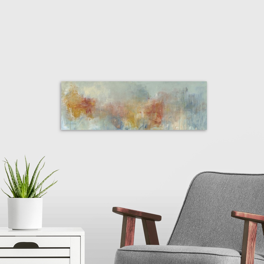 A modern room featuring Contemporary abstract painting using colorful muted tones against a pale turquoise background.