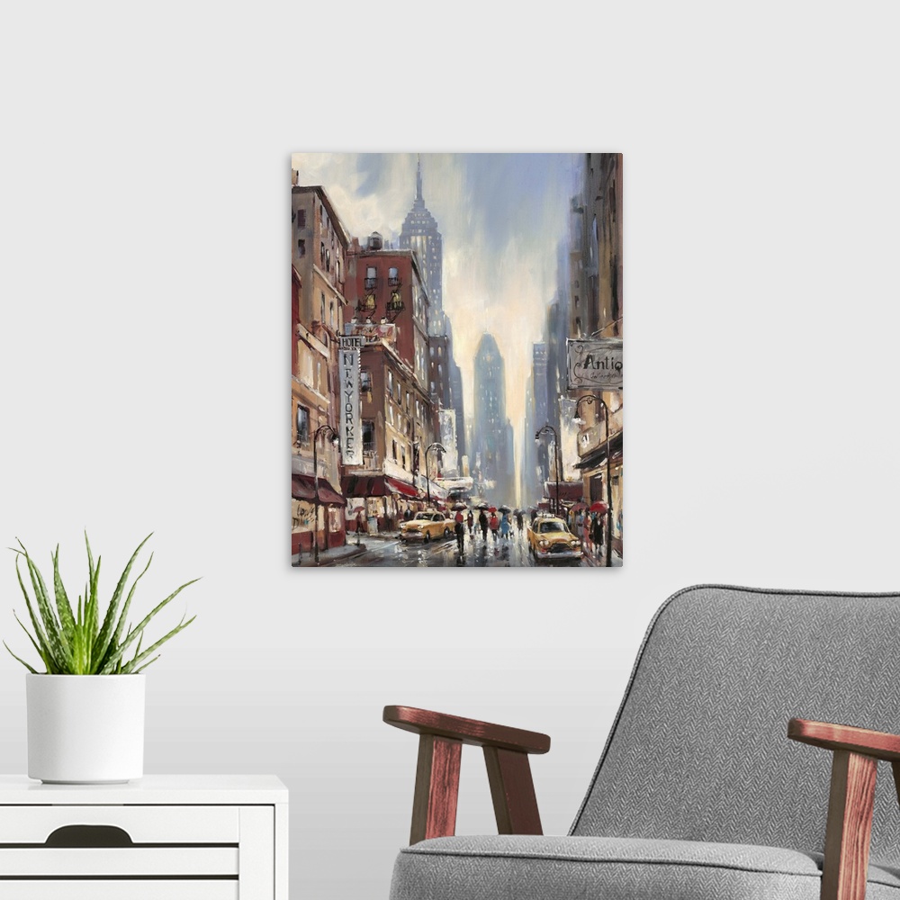 A modern room featuring Contemporary painting of a city street lined with cars and people vanishing into a jungle of skys...