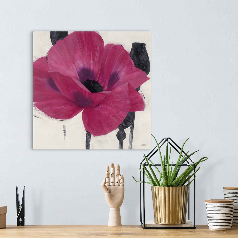 A bohemian room featuring Contemporary home decor painting of a close-up of a purple poppy.
