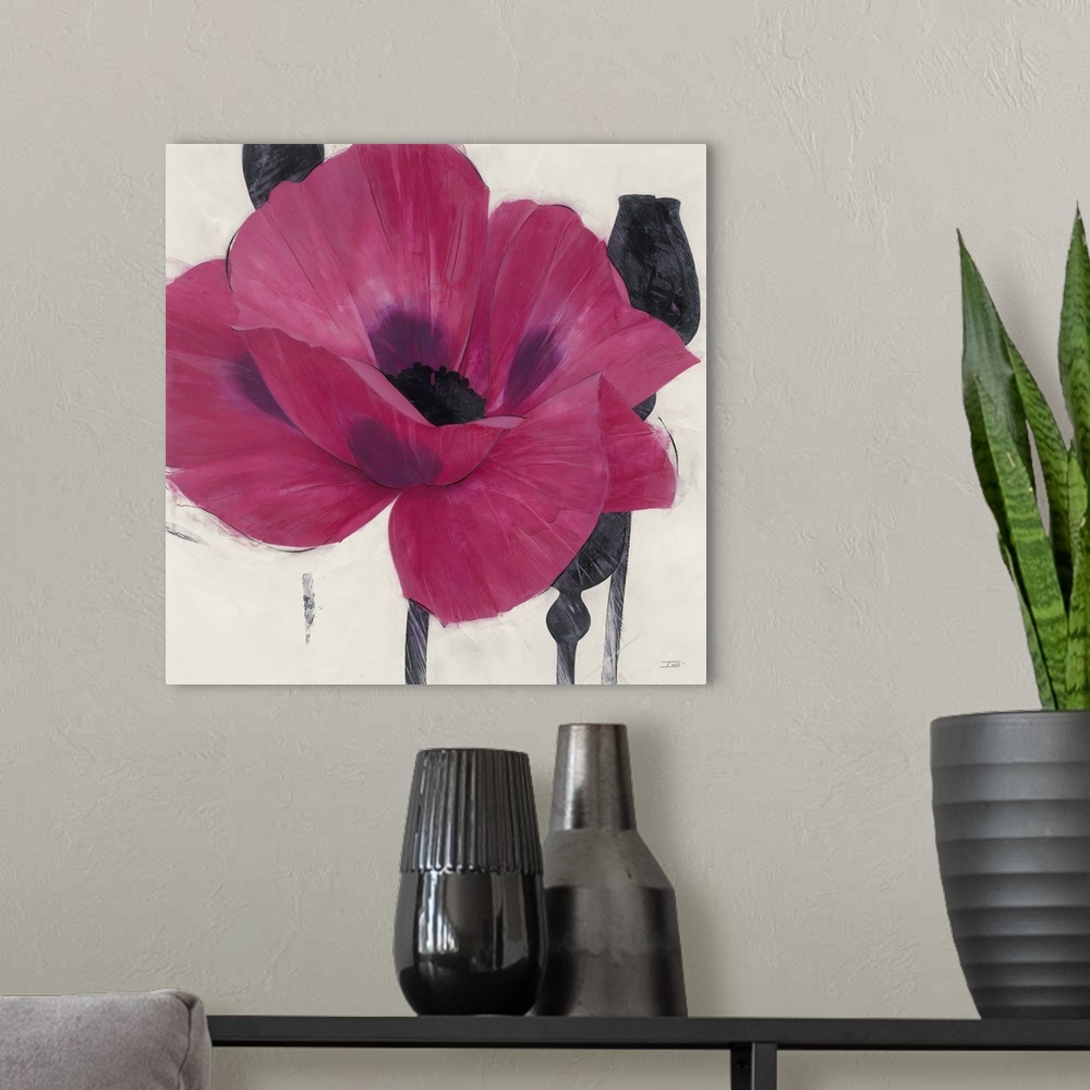 A modern room featuring Contemporary home decor painting of a close-up of a purple poppy.