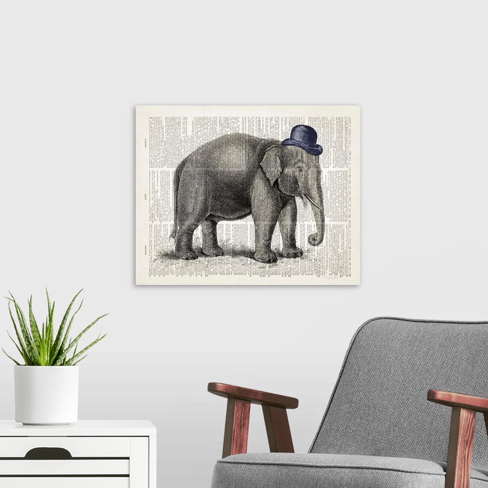A modern room featuring Vintage illustration of an elephant wearing a hat on a dictionary page.