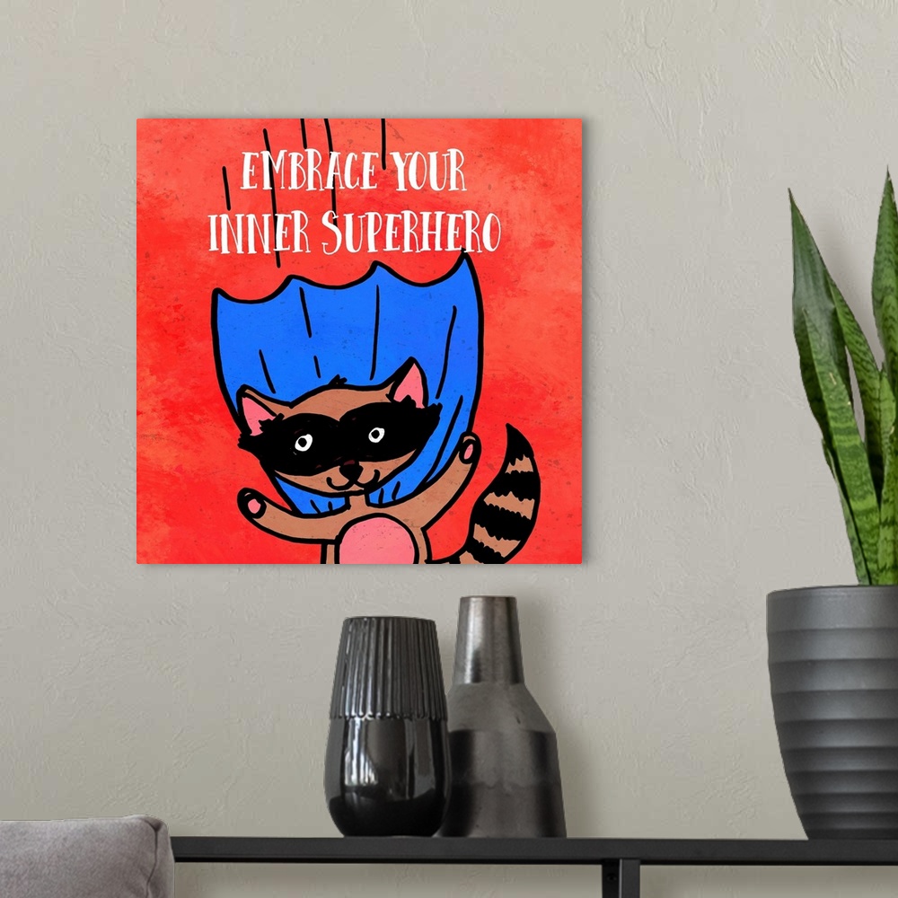 A modern room featuring Children's art of a raccoon superhero on a red background.
