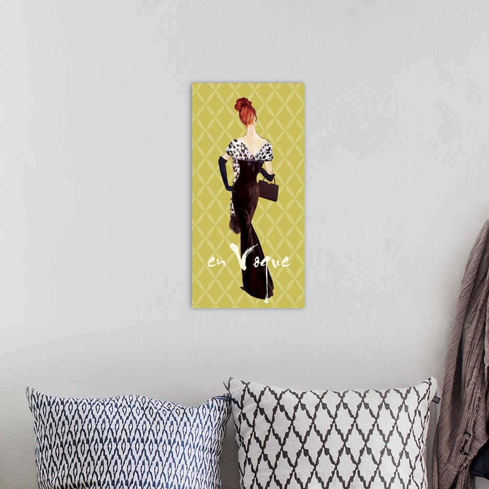A bohemian room featuring Home decor artwork of a vintage inspired fashion advertisement.