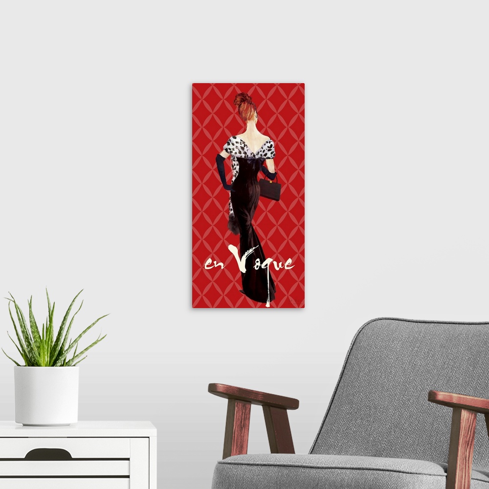 A modern room featuring Home decor artwork of a vintage inspired fashion advertisement.