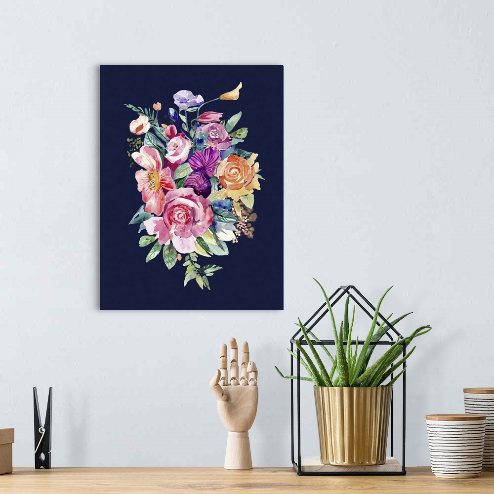 A bohemian room featuring Watercolor painting of a bright bouquet of flowers on dark navy.