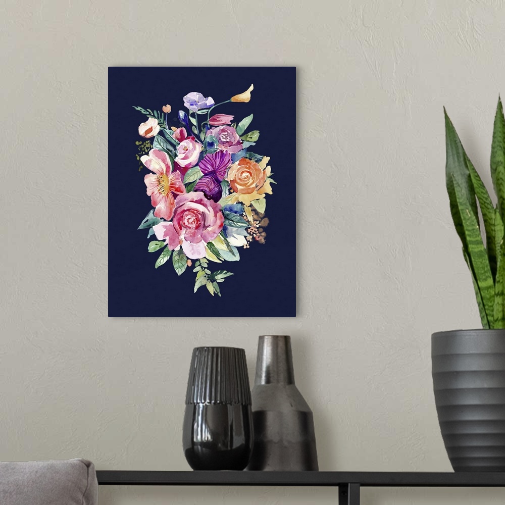 A modern room featuring Watercolor painting of a bright bouquet of flowers on dark navy.