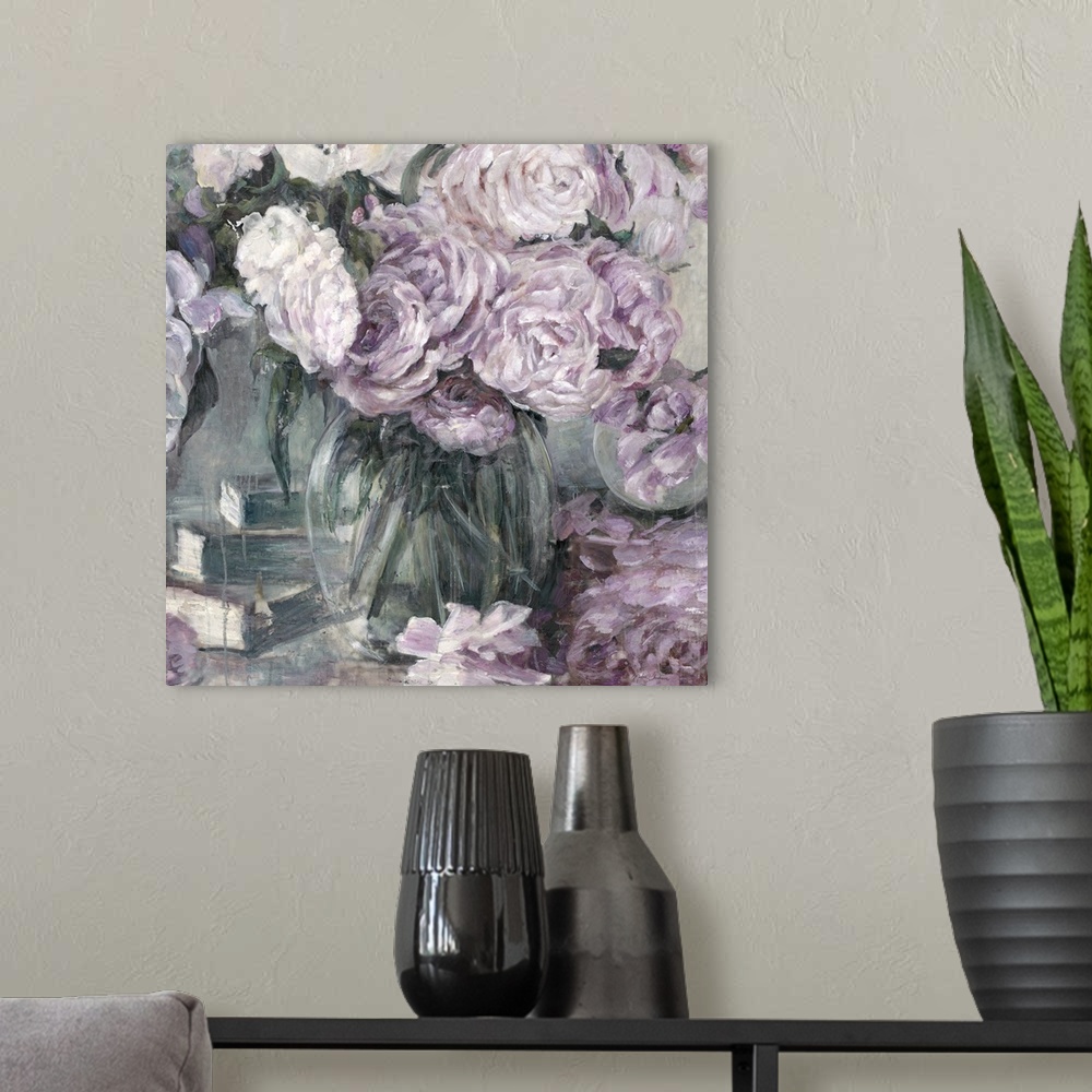 A modern room featuring Classic-style artwork of a bouquet of lavender roses in a glass vase.