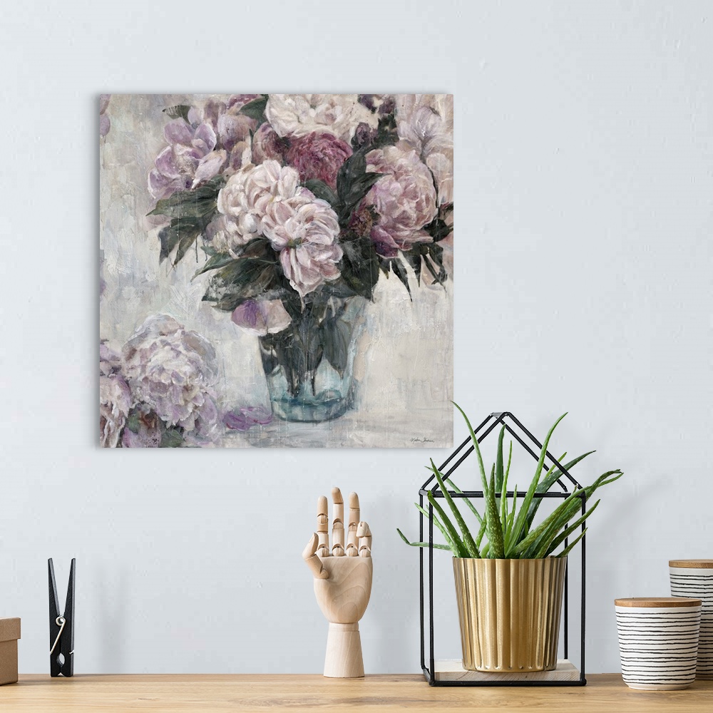 A bohemian room featuring Classic-style artwork of a bouquet of lavender roses in a glass vase.