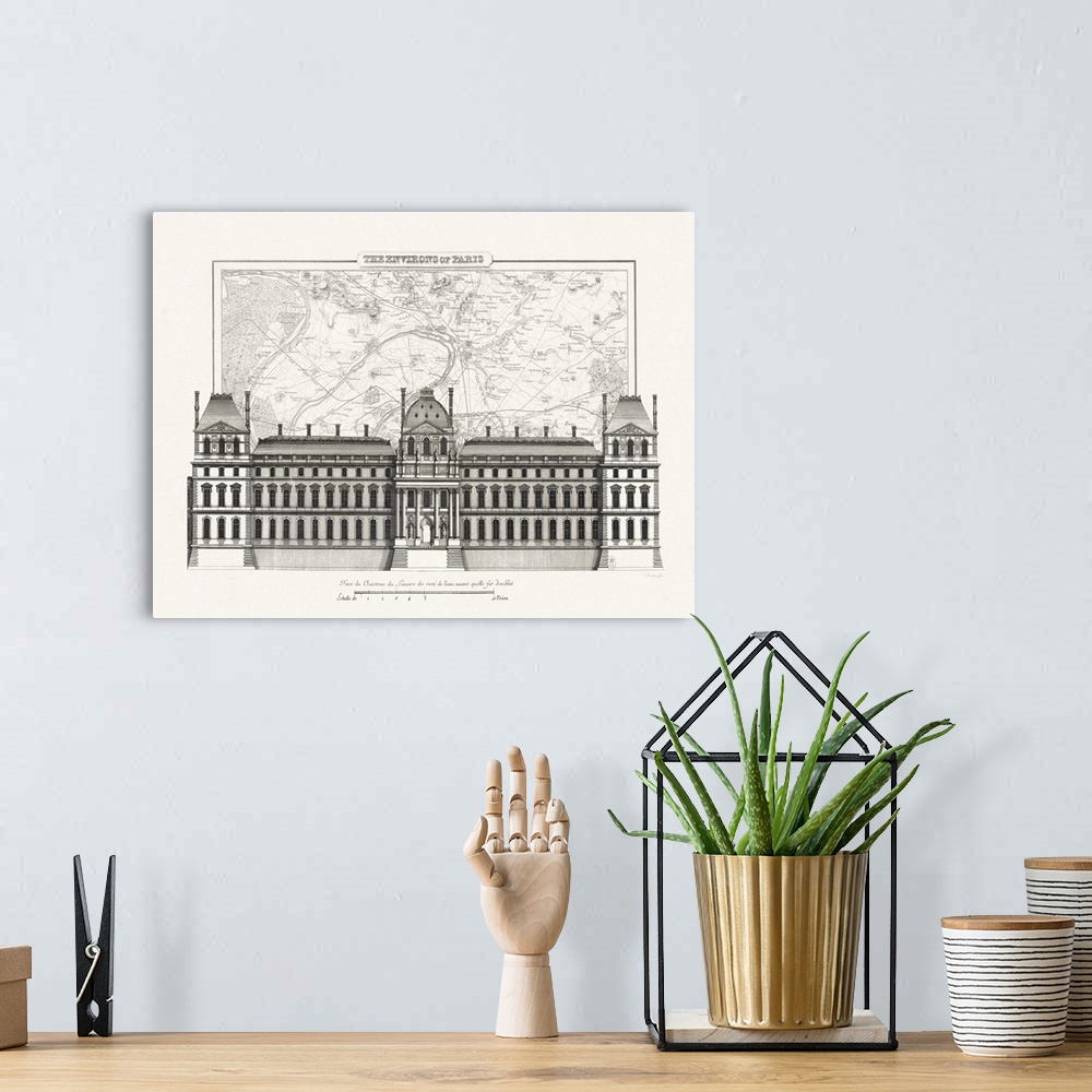 A bohemian room featuring Black and white architectural illustration and blueprint of the chateau du louvre in Paris with a...