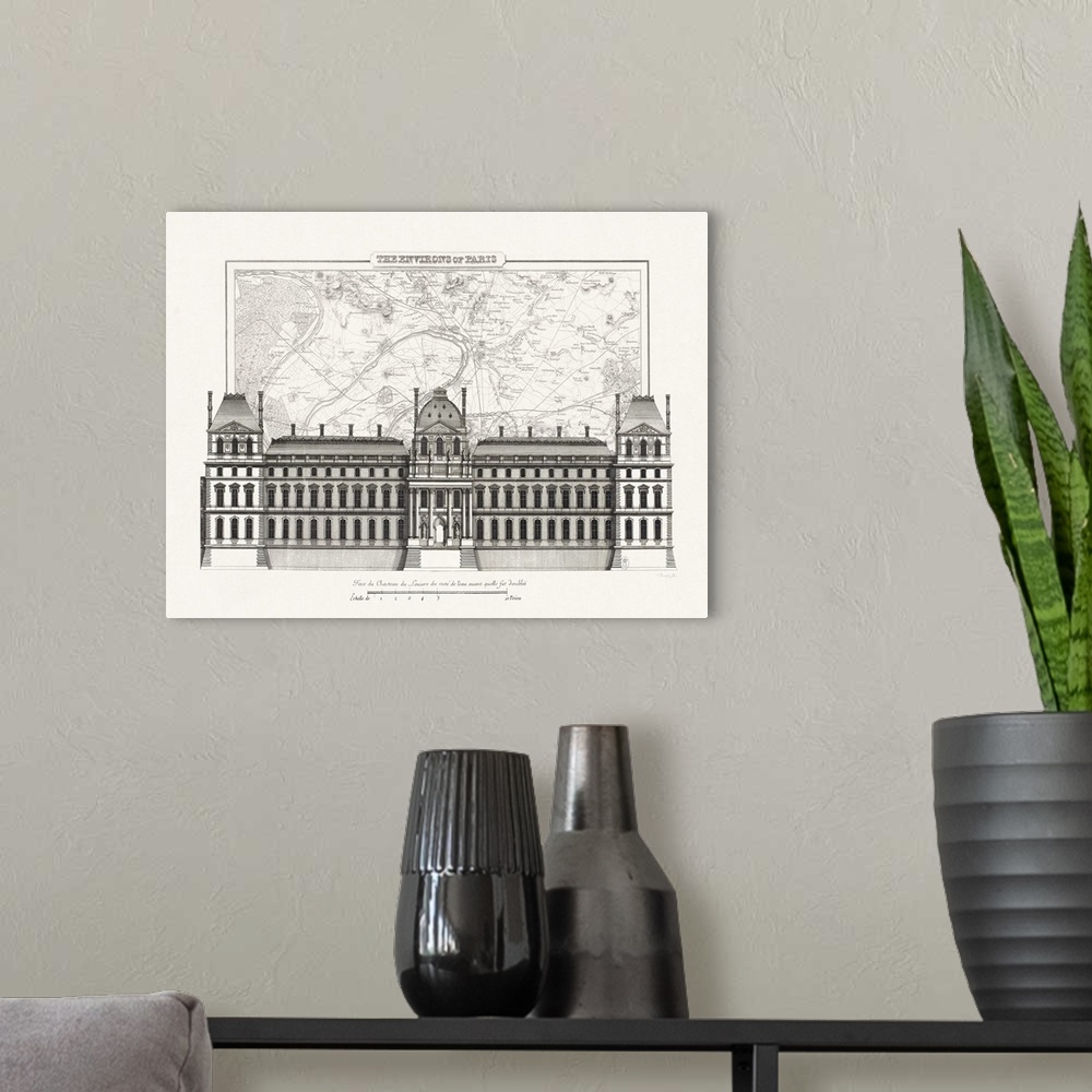 A modern room featuring Black and white architectural illustration and blueprint of the chateau du louvre in Paris with a...