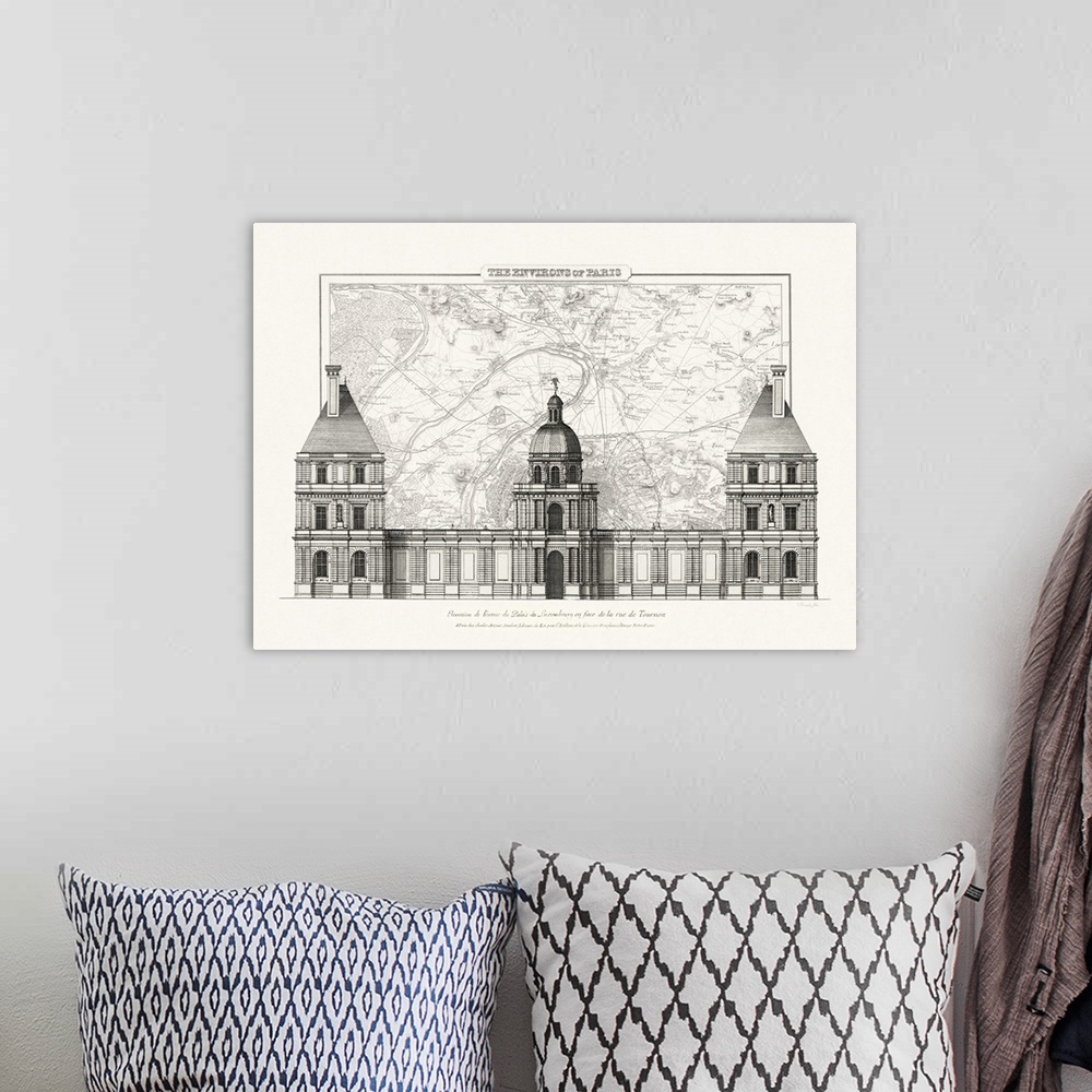A bohemian room featuring Black and white architectural illustration and blueprint of the l'entr?e du palais du luxembourg ...