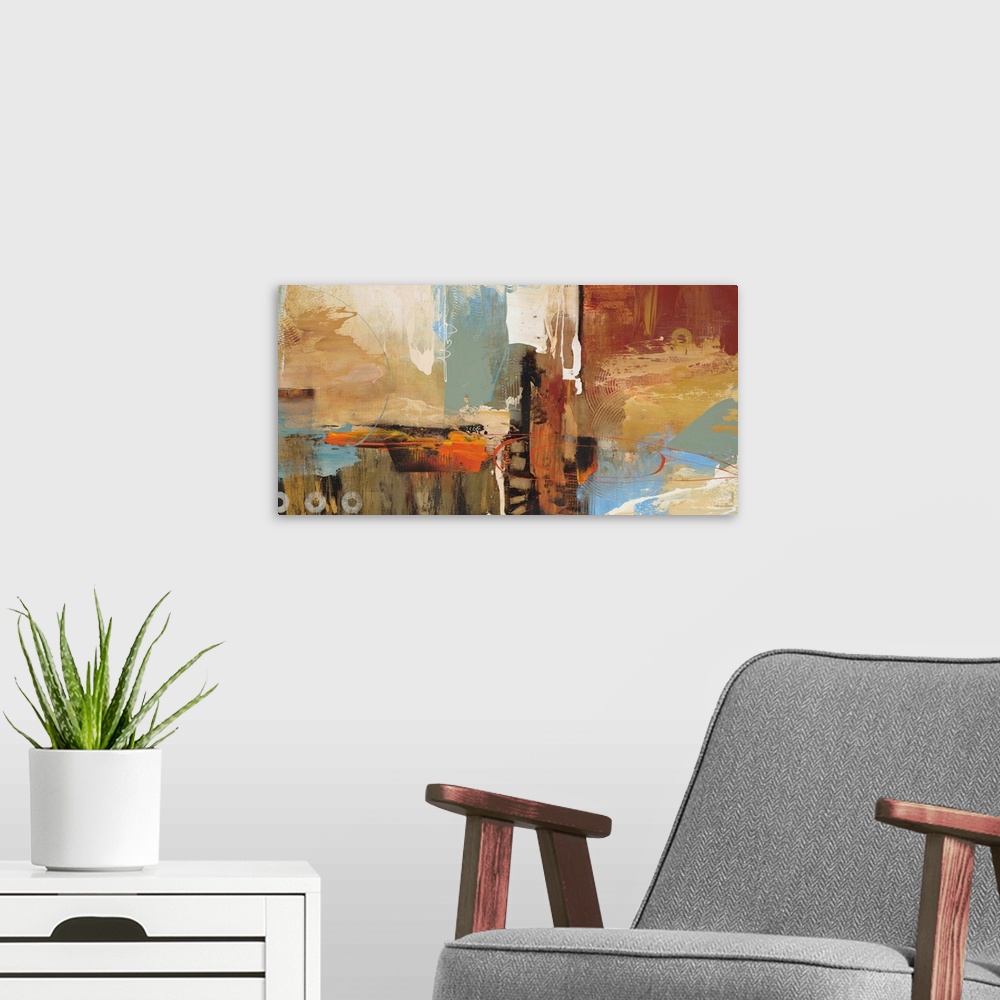 A modern room featuring Contemporary abstract artwork using warm and cool tones mixed different textures and shapes.