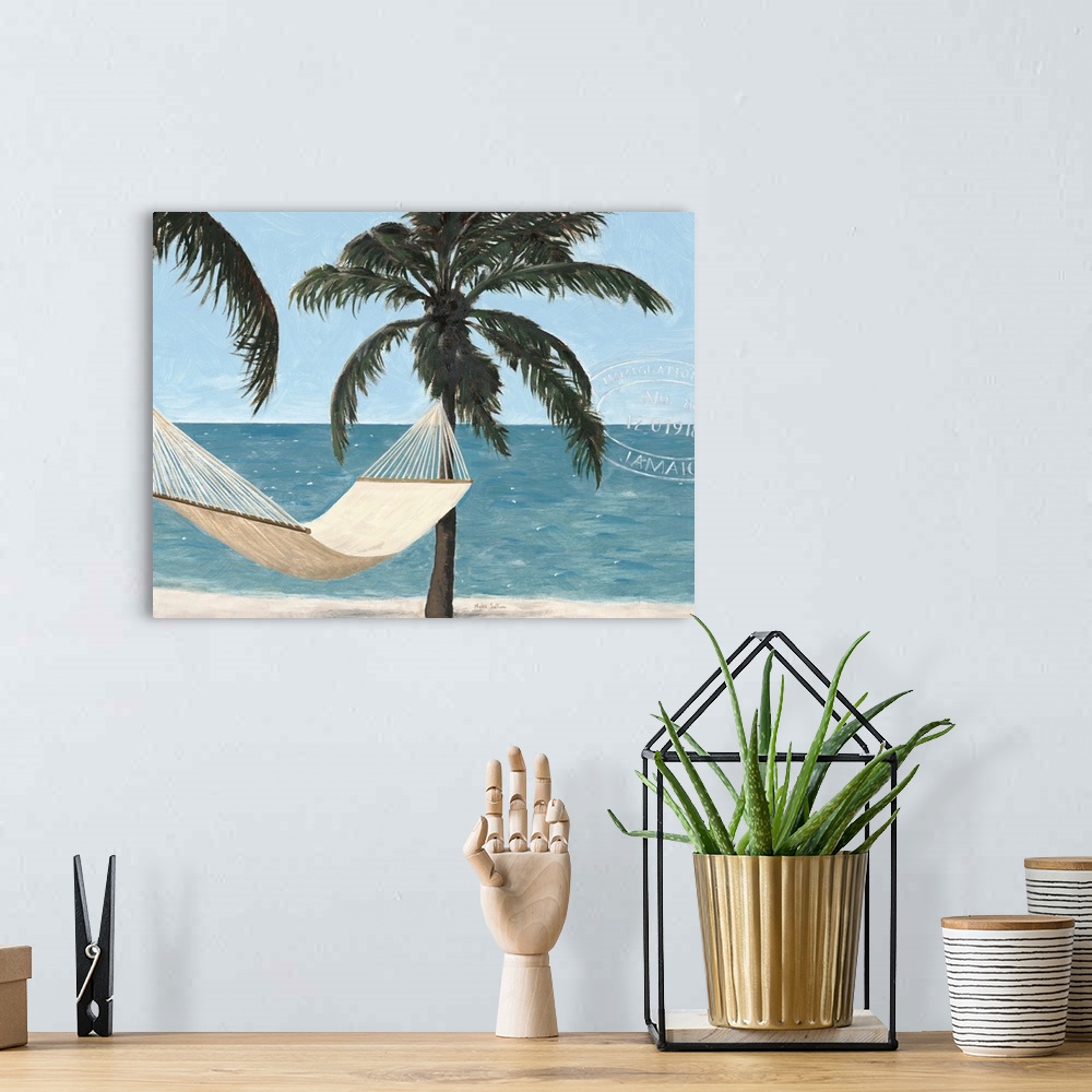 A bohemian room featuring Painting of a hammock hanging between two palm trees overlooking the ocean.